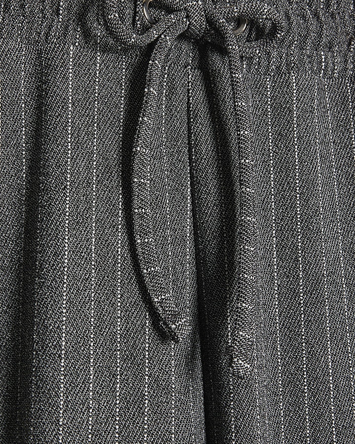 Grey Pinstripe Drawstring Wide Leg Trousers