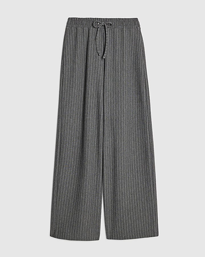 Grey Pinstripe Drawstring Wide Leg Trousers
