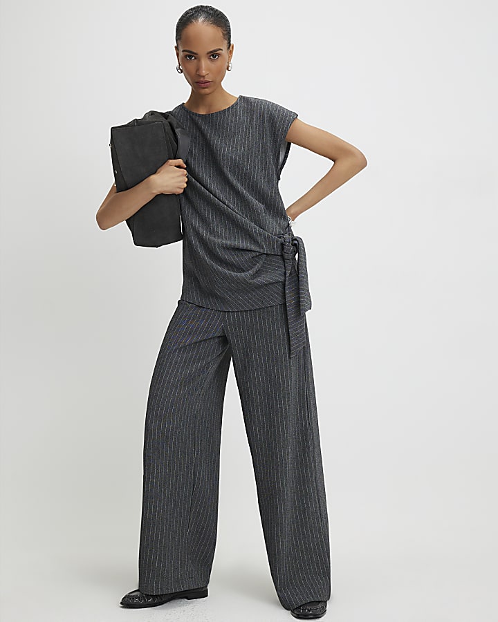 Grey Pinstripe Drawstring Wide Leg Trousers