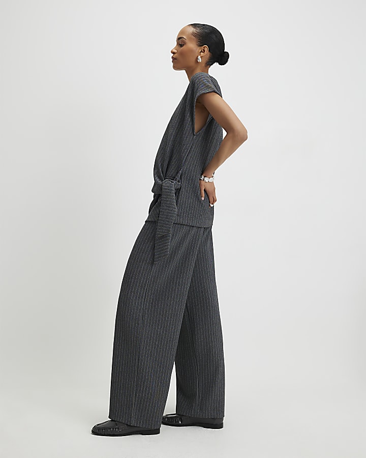 Grey Pinstripe Drawstring Wide Leg Trousers