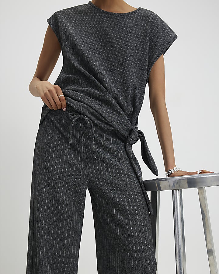 Grey Pinstripe Drawstring Wide Leg Trousers