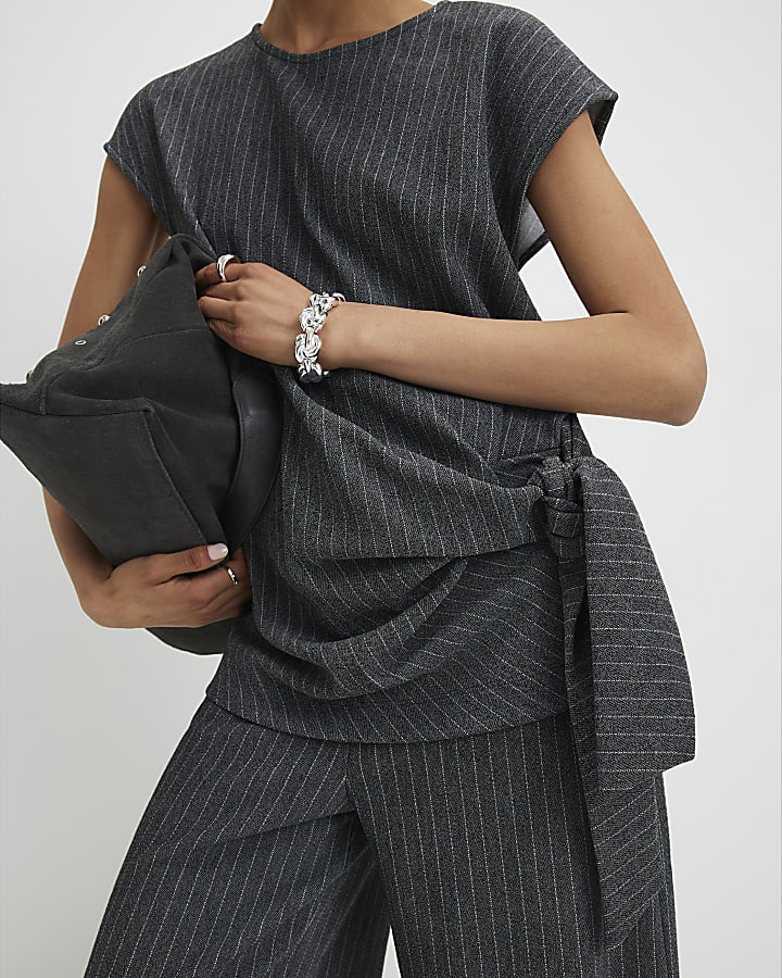 Grey Pinstripe Short Sleeve Tie Detail Top
