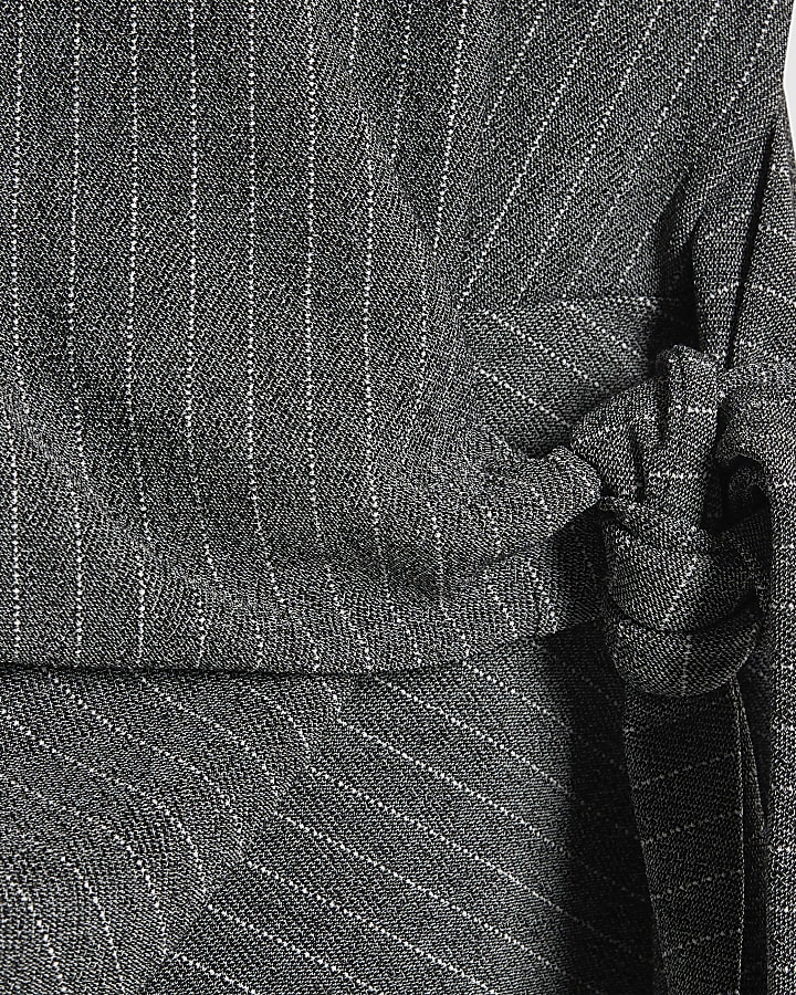 Grey Pinstripe Short Sleeve Tie Detail Top