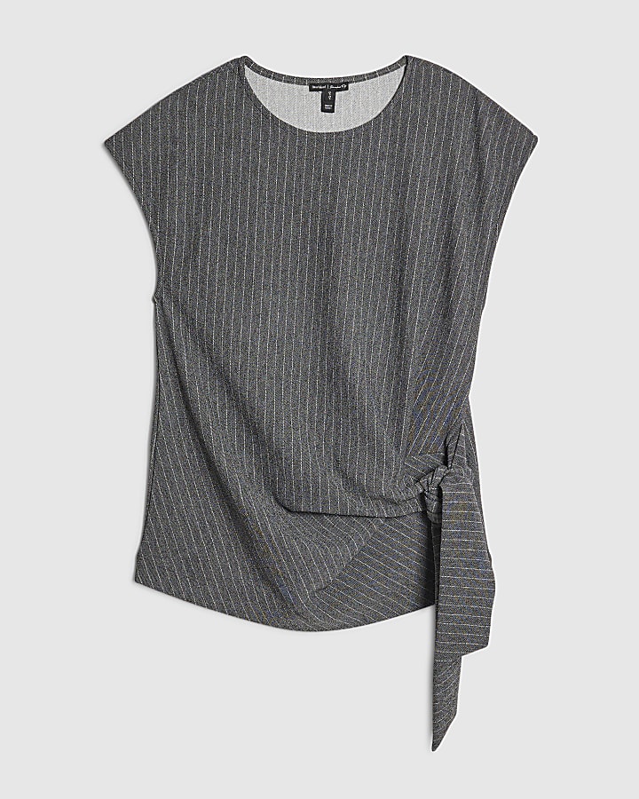 Grey Pinstripe Short Sleeve Tie Detail Top