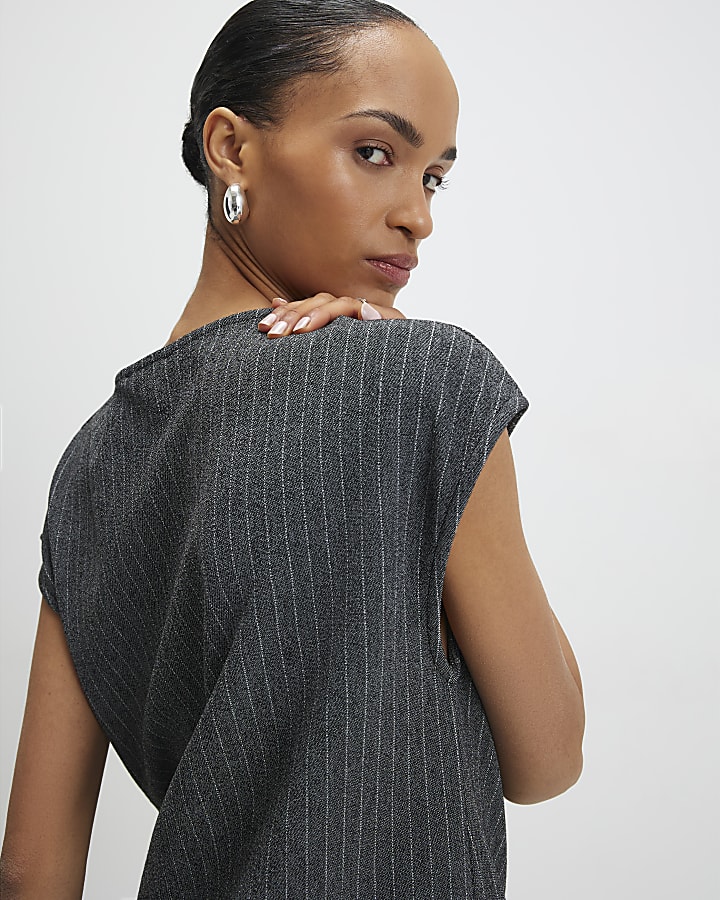 Grey Pinstripe Short Sleeve Tie Detail Top