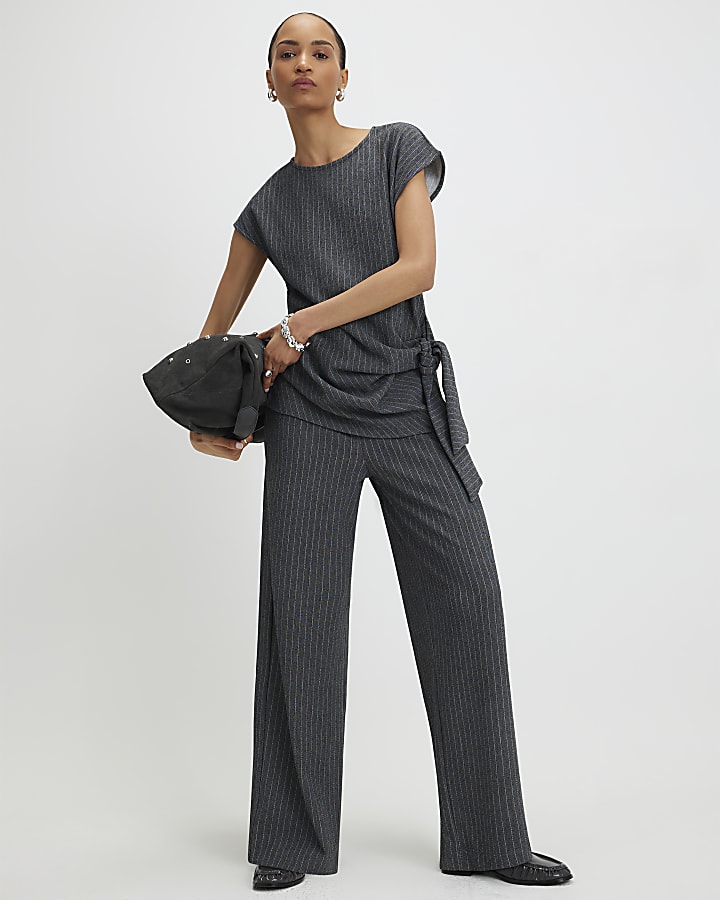 Grey Pinstripe Short Sleeve Tie Detail Top