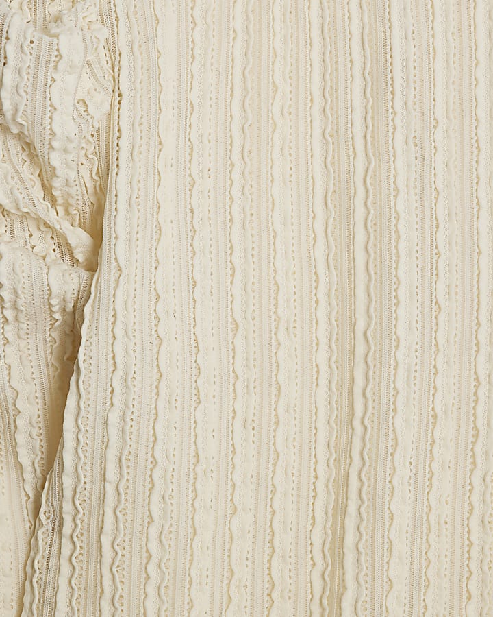 Cream Long Sleeve High Neck Puff Sleeve Top