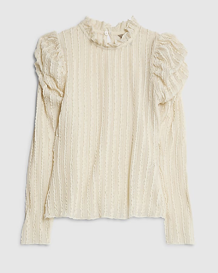 Cream Long Sleeve High Neck Puff Sleeve Top