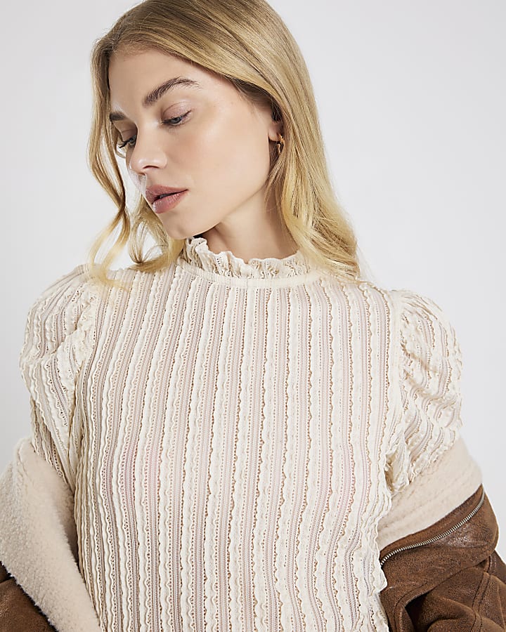 Cream Long Sleeve High Neck Puff Sleeve Top