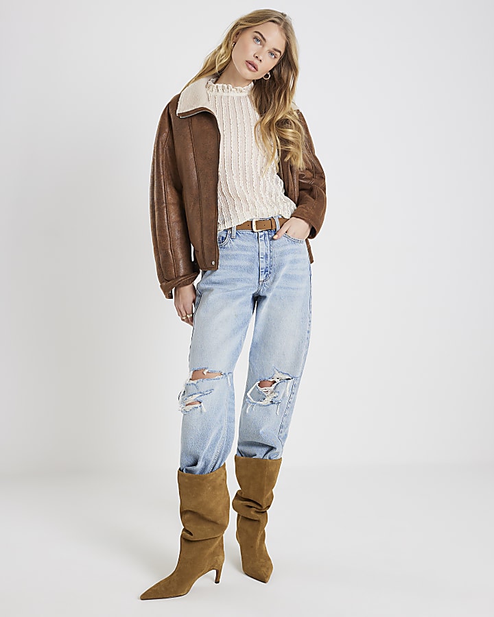 Cream Long Sleeve High Neck Puff Sleeve Top