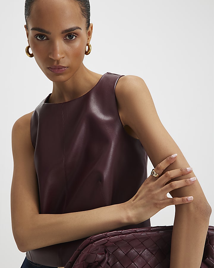 Red Faux Leather Shell Top