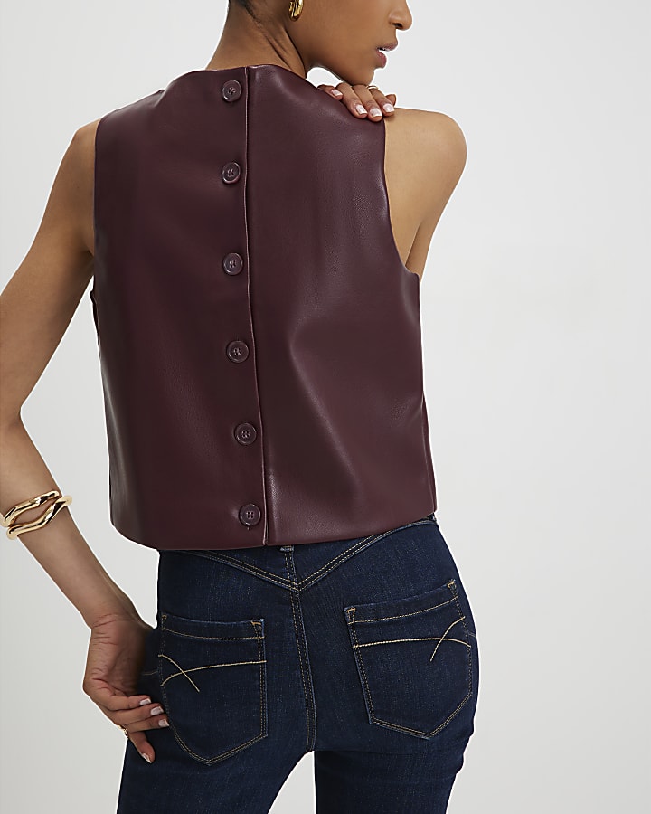 Red Faux Leather Shell Top