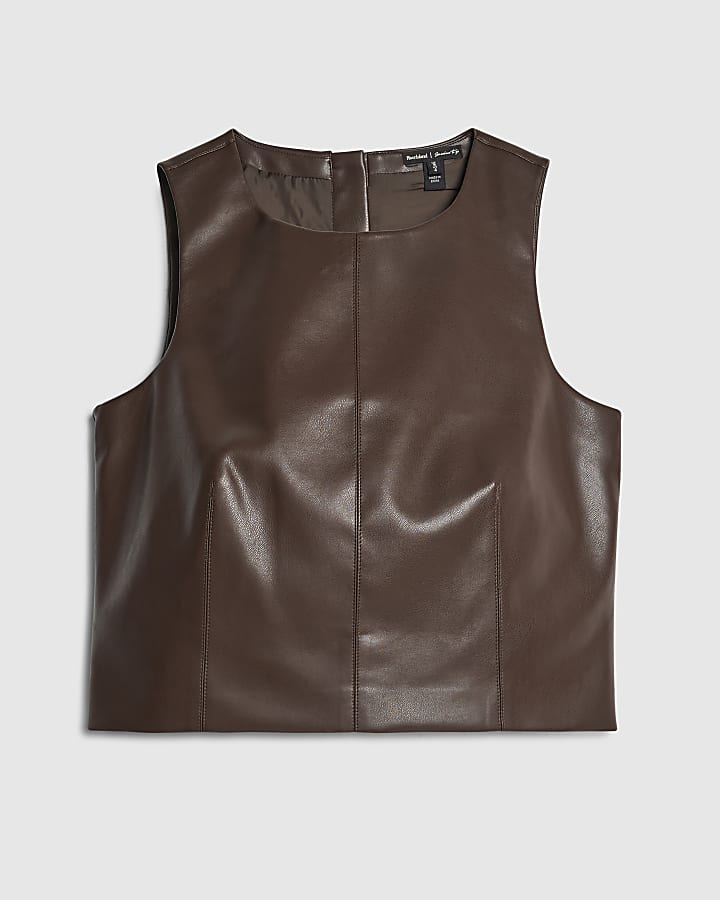 Brown Faux Leather Shell Top