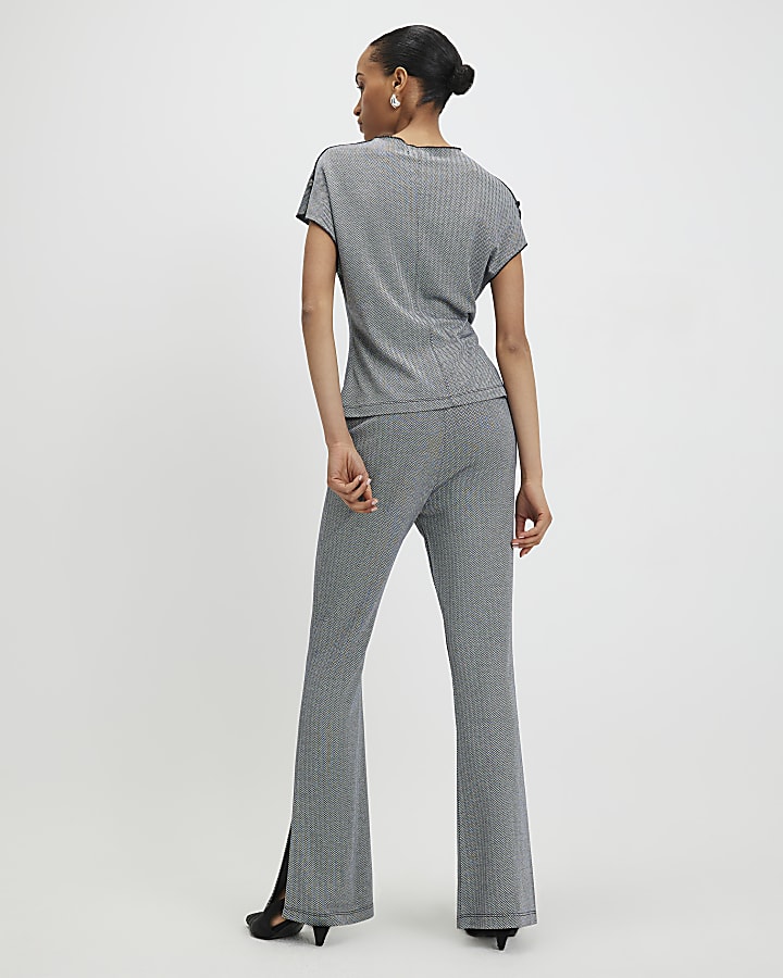 Grey Herringbone Flared Trousers