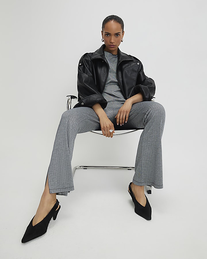 Grey Herringbone Flared Trousers