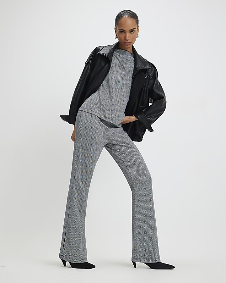 Grey Herringbone Flared Trousers