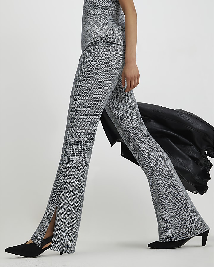 Grey Herringbone Flared Trousers
