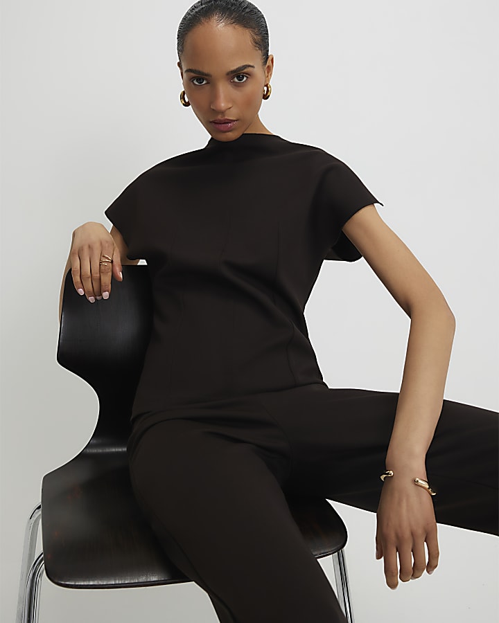 Brown Short Sleeve Interlock Top