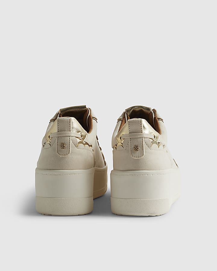 Beige Faux Suede Scalloped Slip On Trainers