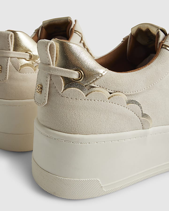 Beige Faux Suede Scalloped Slip On Trainers