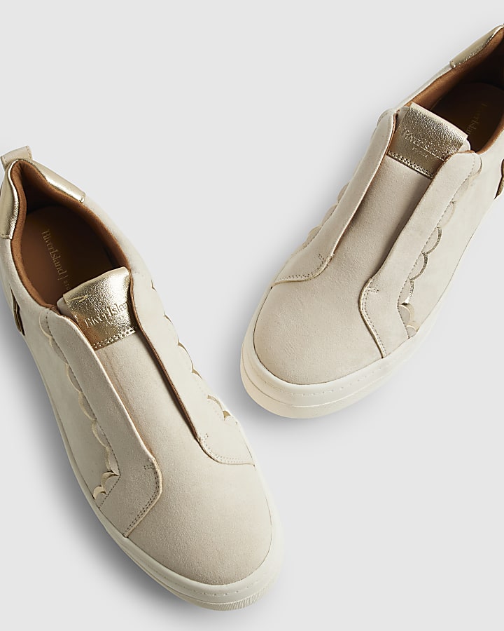 Beige Faux Suede Scalloped Slip On Trainers