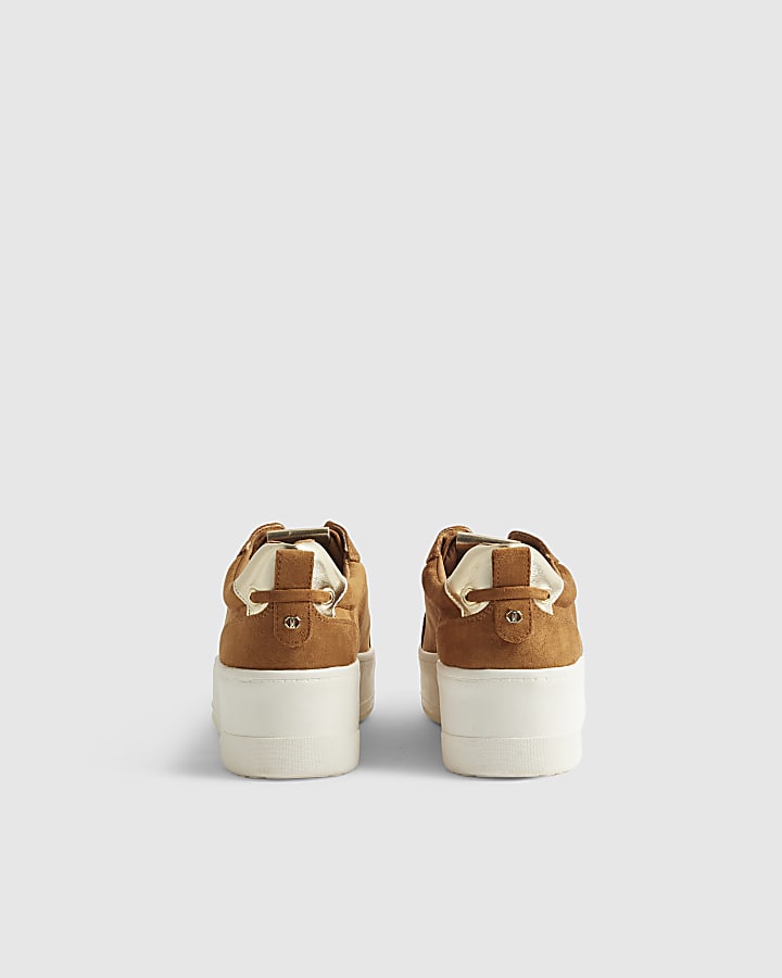 Brown Faux Suede Lace Up Flatform Trainers
