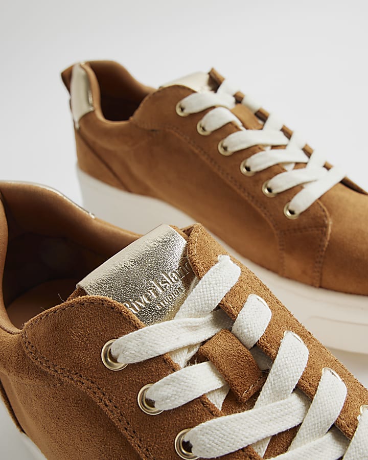 Brown Faux Suede Lace Up Flatform Trainers