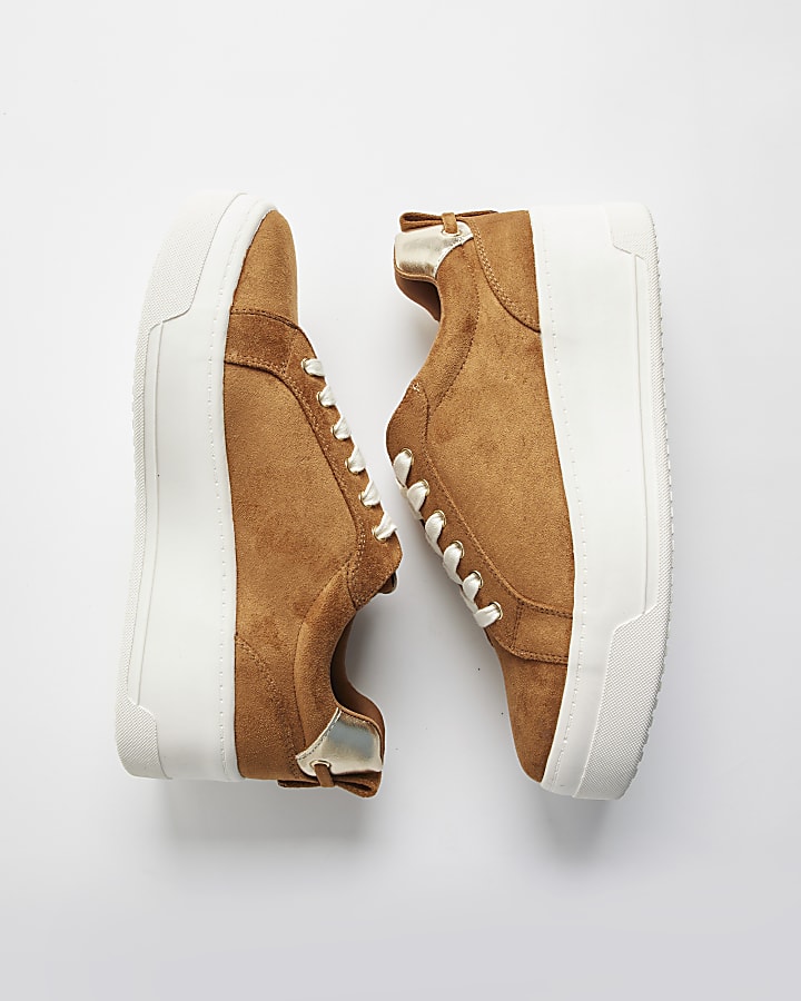 Brown Faux Suede Lace Up Flatform Trainers