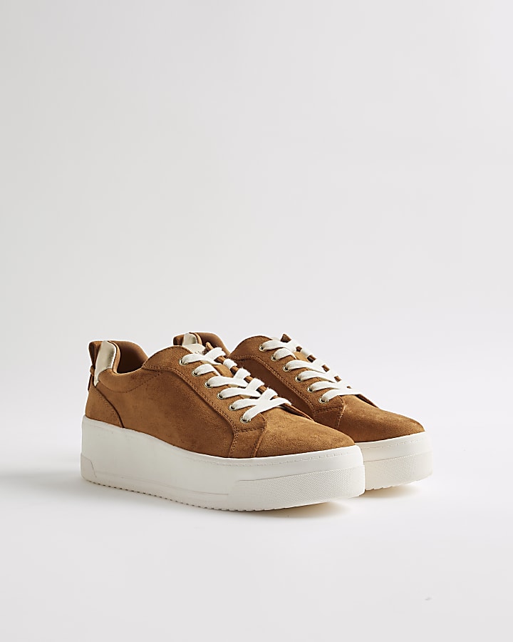 Brown Faux Suede Lace Up Flatform Trainers