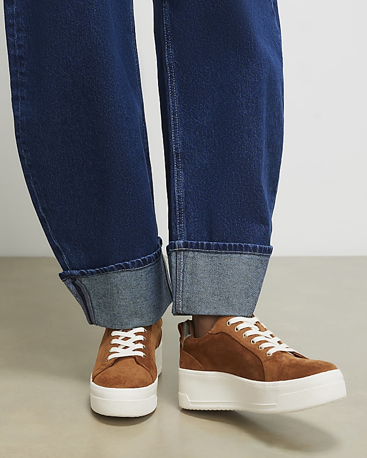 Brown Faux Suede Lace Up Flatform Trainers