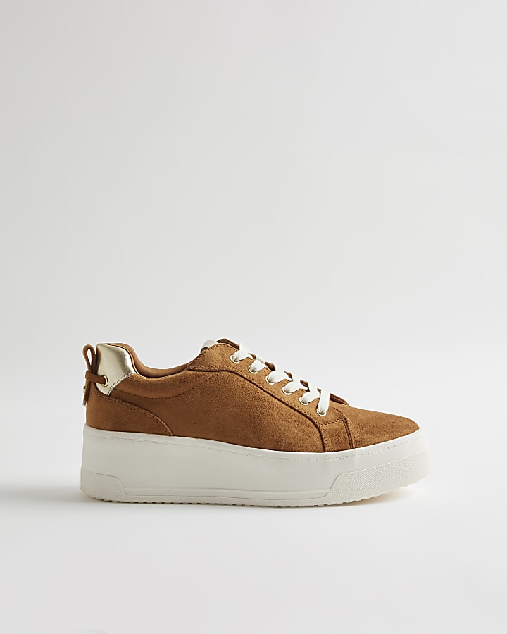 Brown Faux Suede Lace Up Flatform Trainers