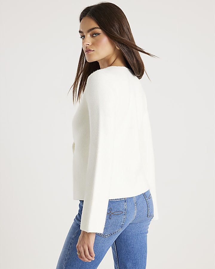 Cream Long Sleeve Asymmetric Button Cardigan