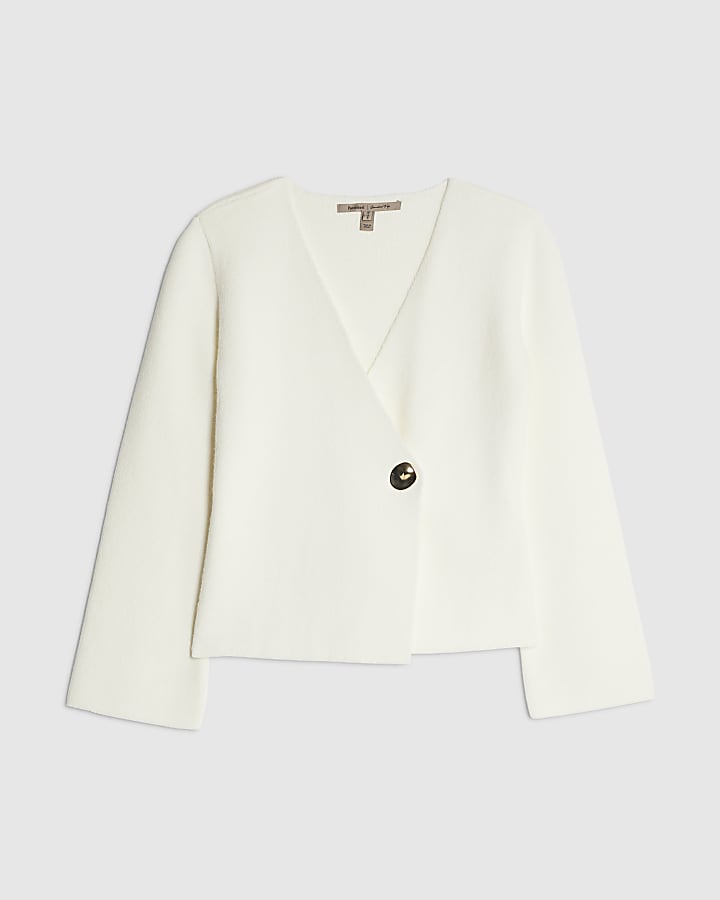 Cream Long Sleeve Asymmetric Button Cardigan