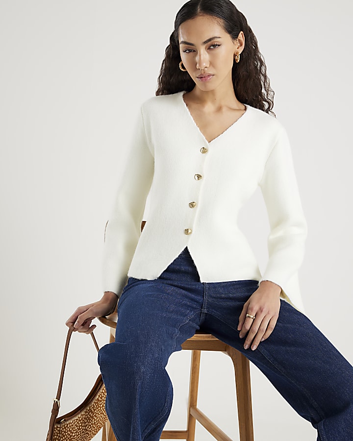 Cream Knitted Button Detail Cardigan