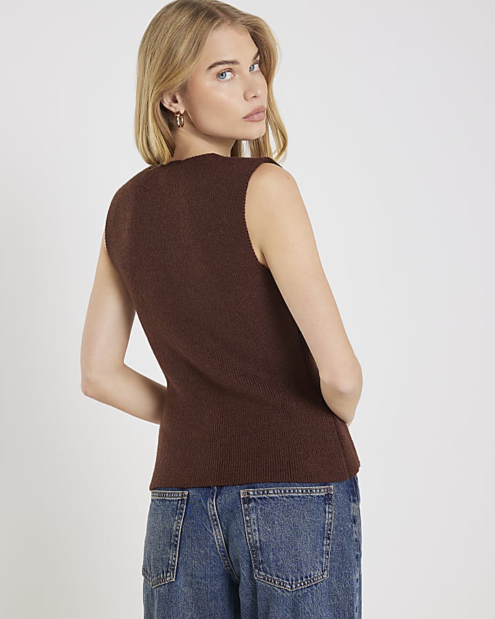 Brown Knitted Asymmetric Waistcoat