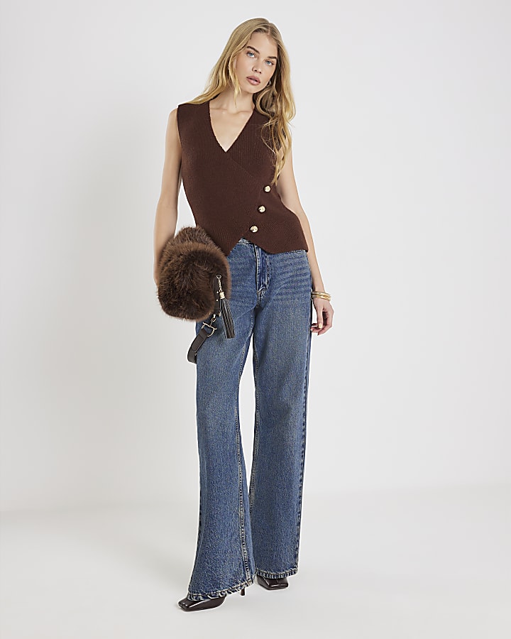 Brown Knitted Asymmetric Waistcoat