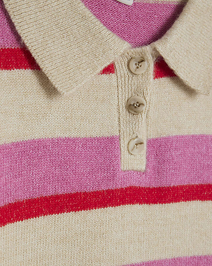 Pink Knit Striped Short Sleeve Polo Top