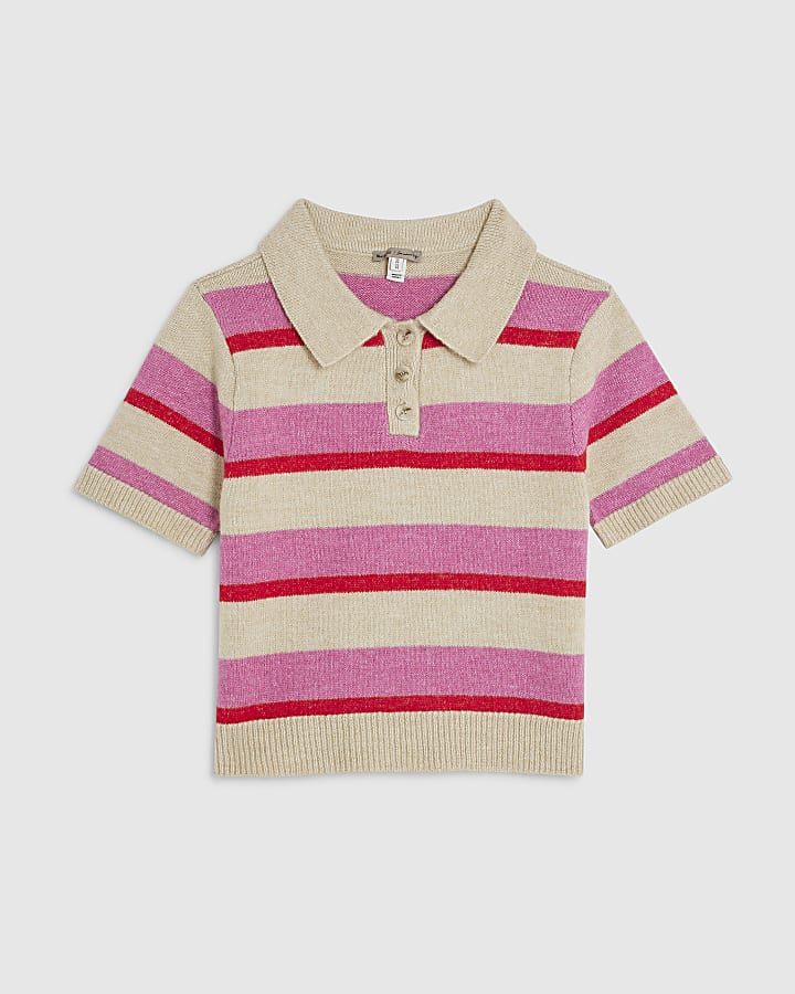 Pink Knit Striped Short Sleeve Polo Top