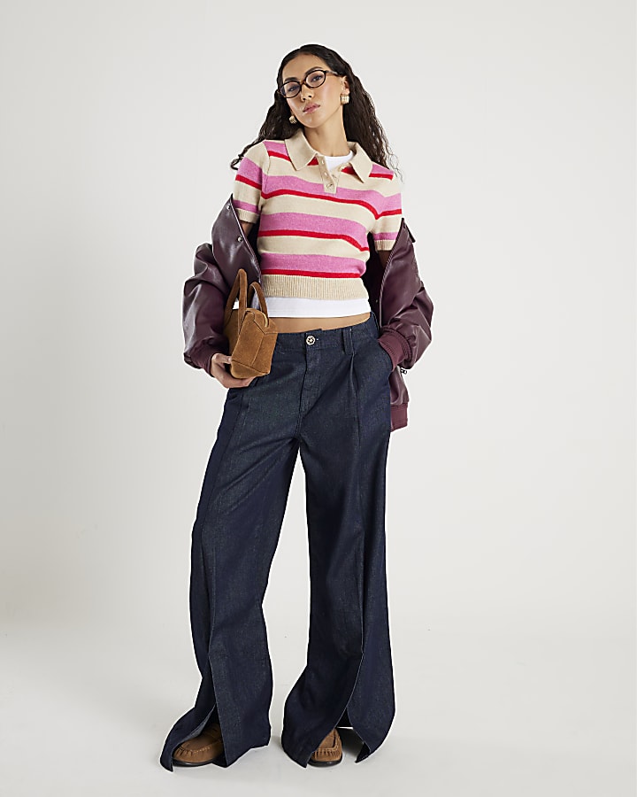 Pink Knit Striped Short Sleeve Polo Top