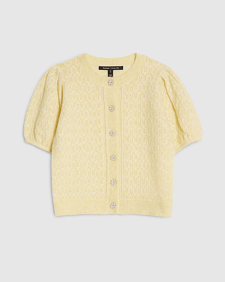 Yellow Knitted Short Puff Sleeve Cardigan