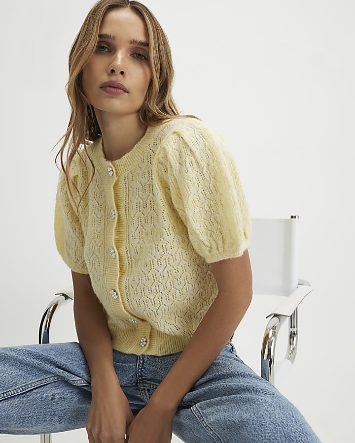 Yellow Knitted Short Puff Sleeve Cardigan