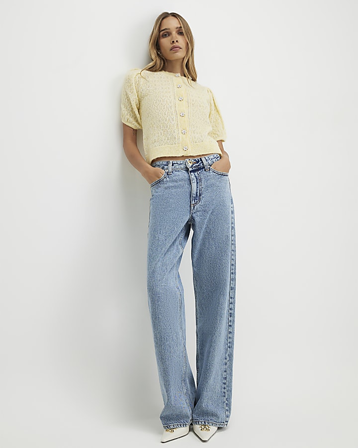 Yellow Knitted Short Puff Sleeve Cardigan