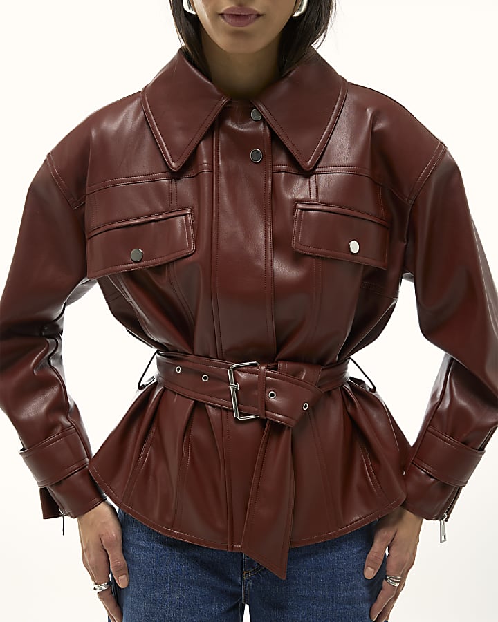 Red Faux Leather Belted Jacket