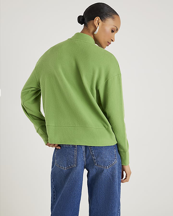 Green Long Sleeve Scarf Tie Neck Cosy Top