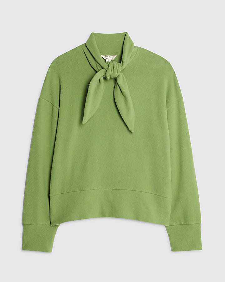 Green Long Sleeve Scarf Tie Neck Cosy Top