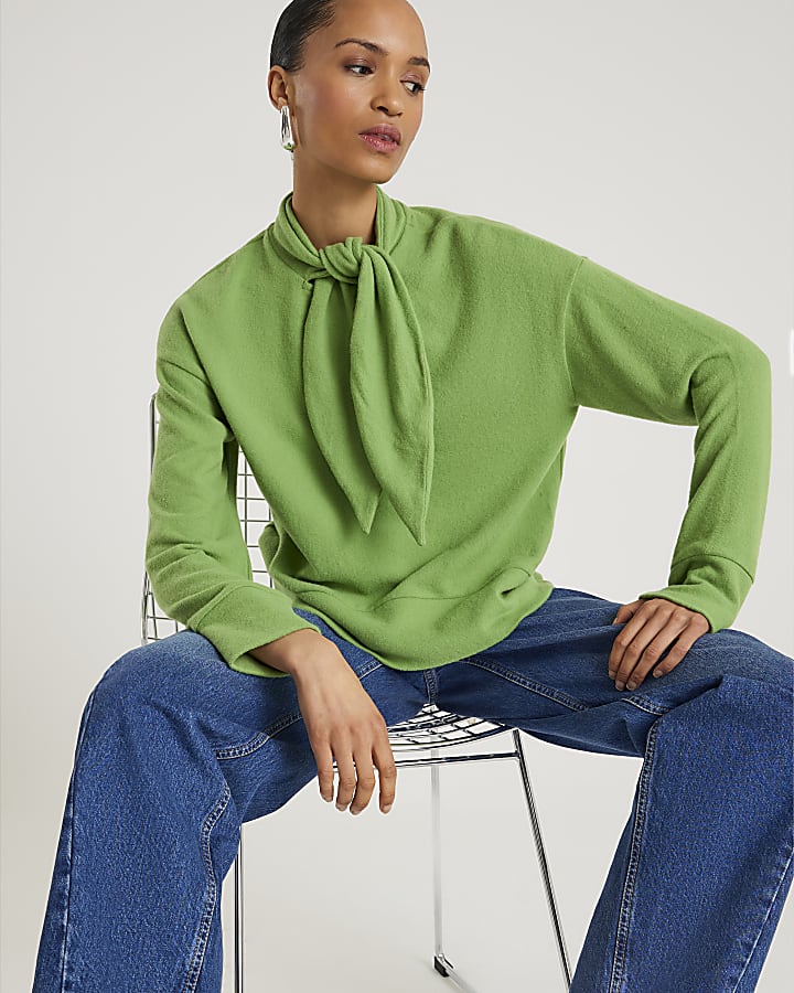 Green Long Sleeve Scarf Tie Neck Cosy Top