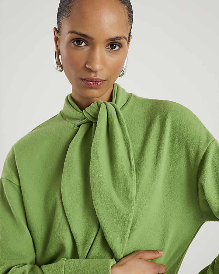 Green Long Sleeve Scarf Tie Neck Cosy Top