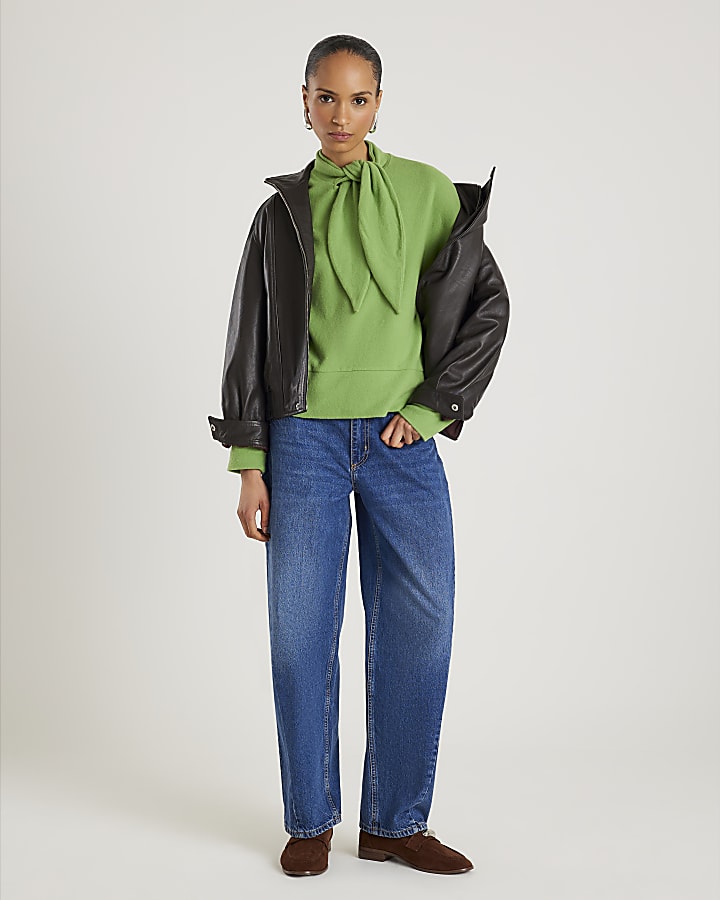 Green Long Sleeve Scarf Tie Neck Cosy Top