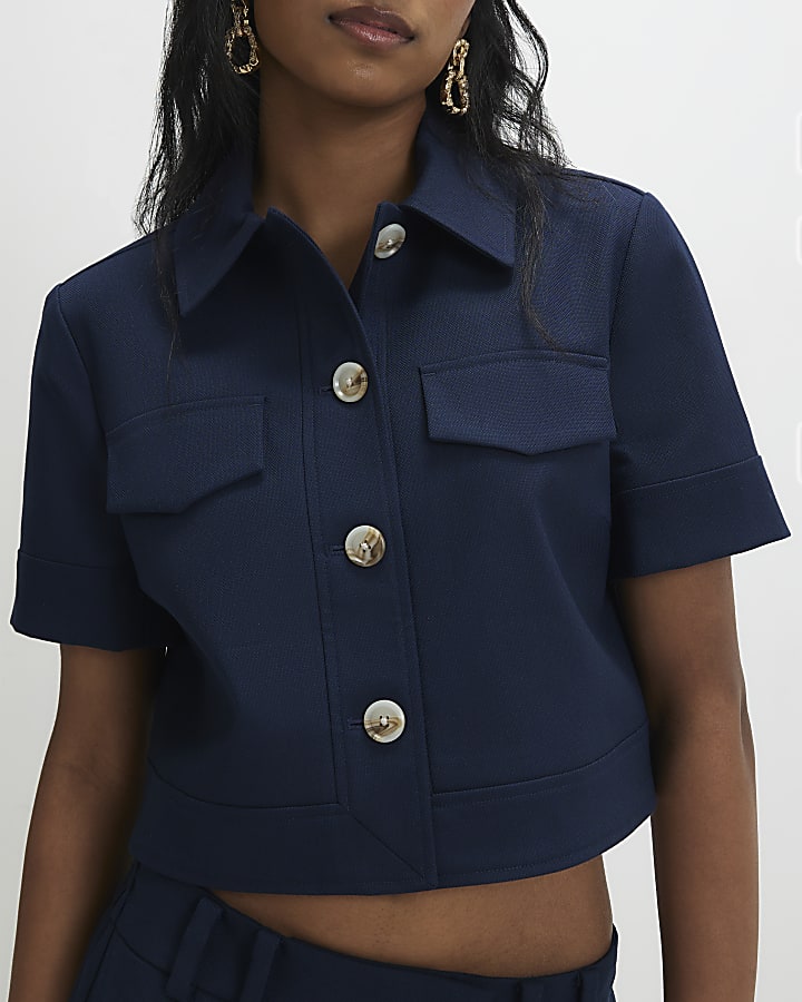 Navy Short Sleeve Cropped Jacket