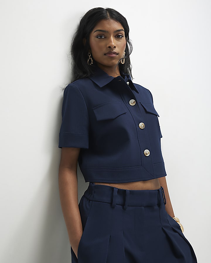 Navy Short Sleeve Cropped Jacket
